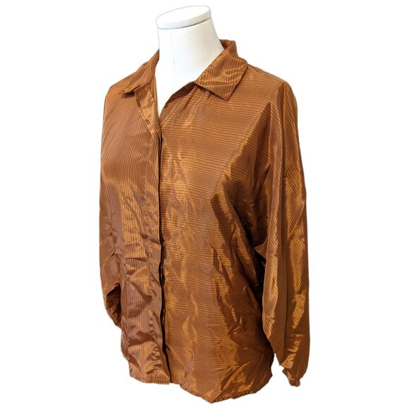 Vintage 80s Metallic Bronze Striped Blouse Button Up Satin Retro Party Fall 14 - Picture 2 of 11